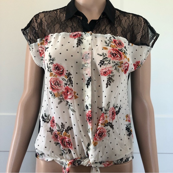 Daniel Rainn Tops - Daniel Rainn Cream Black Lace Floral Tie Waist Top Blouse XS